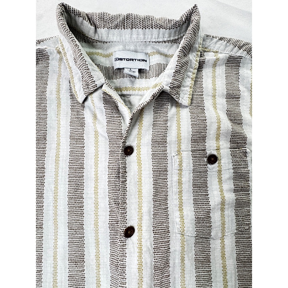 Distortion Boys Large 14/16 Short Sleeve Button Down Striped Shirt Brown Yellow